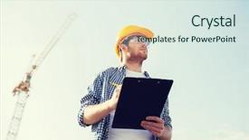  Presentation with business building blocks - Colorful slide deck enhanced with busy construction - business building paperwork and people backdrop and a sky blue colored foreground