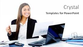  Presentation with entrepreneur - Beautiful presentation theme featuring busy corporate businesswoman entrepreneur working at her desk isolated on white background backdrop and a white colored foreground