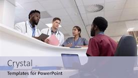  Presentation with diverse medical - Slides with busy-diverse-doctors-and-medical background and a light blue colored foreground