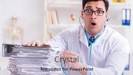  Presentation with busy doctor - Colorful PPT theme enhanced with busy doctor with too much work in hospital backdrop and a light blue colored foreground