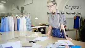  Presentation with new ideas - Presentation with busy dressmaker standing by workplace and thinking of new ideas of clothes background and a light gray colored foreground
