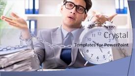  Presentation with busy - Cool new PPT theme with busy employee chained to his office desk backdrop and a light blue colored foreground