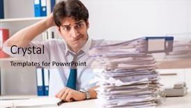  Presentation with busy work - PPT theme featuring busy employee with too much background and a coral colored foreground