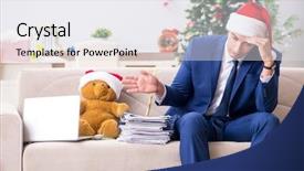  Presentation with busy - Cool new slide set with busy employee working from home backdrop and a  colored foreground