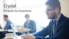  Presentation with entrepreneur - Beautiful PPT layouts featuring busy entrepreneur typing and listening backdrop and a  colored foreground