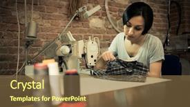  Presentation with sewing machine - Amazing PPT theme having busy fashion - young woman working on sewing backdrop and a tawny brown colored foreground