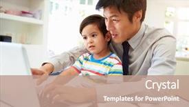  Presentation with father and son - Cool new presentation theme with busy father working from home backdrop and a coral colored foreground