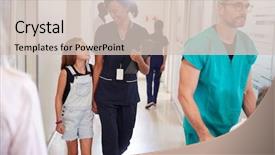  Presentation with staff - Presentation theme with busy hospital corridor with medical background and a soft green colored foreground