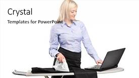  Presentation with ironing - Presentation design enhanced with busy lifestyle - blond businesswoman ironing his clothes background and a  colored foreground