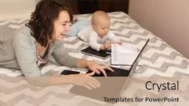  Presentation with working mother - Amazing slide deck having busy lifestyle healthy - young mother with baby working backdrop and a coral colored foreground