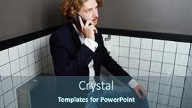  Presentation with busy - Colorful slide deck enhanced with busy man with smartphone sitting in restroom and talking to someone backdrop and a ocean colored foreground