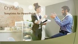  Presentation with debate - Beautiful presentation theme featuring busy-managers-having-debate backdrop and a soft green colored foreground