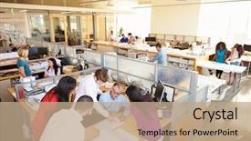  Presentation with busy - Colorful presentation theme enhanced with busy modern open plan office backdrop and a coral colored foreground