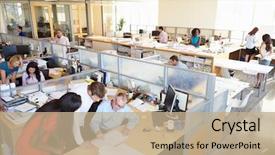  Presentation with busy - Slide deck having busy modern open plan office background and a coral colored foreground