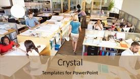  Presentation with busy - Cool new slide deck with busy modern open plan office backdrop and a coral colored foreground