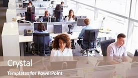  Presentation with office workers - Beautiful slide set featuring busy open plan office backdrop and a coral colored foreground