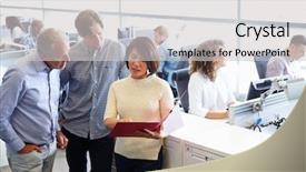  Presentation with staff - Beautiful slide set featuring busy open plan office backdrop and a light gray colored foreground