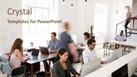  Presentation with business plan - Beautiful theme featuring busy open plan office backdrop and a sky blue colored foreground