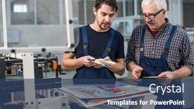  Presentation with busy - PPT theme having busy-printing-plant-workers-standing background and a ocean colored foreground