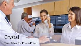  Presentation with hospitality hotel reception female receptionist - Audience pleasing PPT layouts consisting of busy reception in a hospital backdrop and a sky blue colored foreground