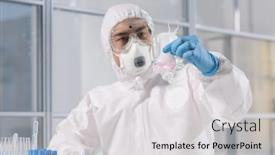  Presentation with reagent - Colorful slides enhanced with busy-scientific-researcher-in-mask backdrop and a light gray colored foreground