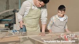  Presentation with apron - Presentation design having busy-skilled-father-in-apron background and a coral colored foreground