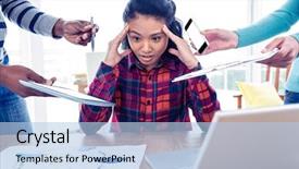  Presentation with pair eyes looking down - PPT layouts enhanced with busy stress - stressful businesswoman looking down while background and a light blue colored foreground