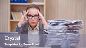  Presentation with secretary - Slide set consisting of busy stressful woman secretary under stress in the office background and a gray colored foreground