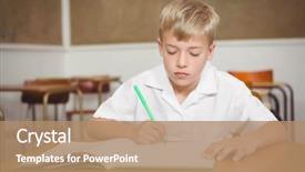  Presentation with elementary school - Colorful presentation design enhanced with busy student working on class backdrop and a coral colored foreground