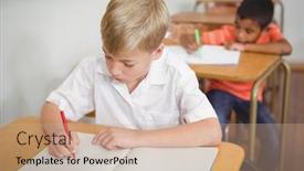  Presentation with elementary school - PPT layouts enhanced with busy students working on class background and a coral colored foreground