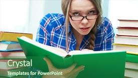  Presentation with child girl reading a book - Slide deck having busy volumes - portrait of thrilled girl background and a  colored foreground