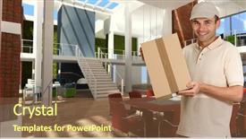  Presentation with courier - PPT layouts featuring busy volumes - smiling courier carrying a parcel background and a tawny brown colored foreground