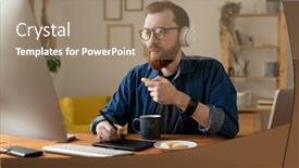  Presentation with home office - Slide set featuring busy-young-bearded-designer background and a coral colored foreground