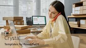  Presentation with people talking - Presentation theme enhanced with busy-young-brunette-female-volunteer background and a coral colored foreground