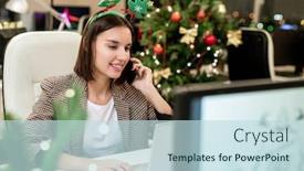  Presentation with front office - Amazing slide deck having busy-young-contemporary-businesswoman-phoning backdrop and a sky blue colored foreground