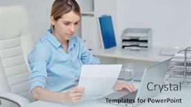  Presentation with base - Beautiful slides featuring busy-young-elegant-secretary backdrop and a light blue colored foreground