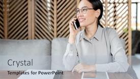  Presentation with consulting - Audience pleasing PPT theme consisting of busy young employee in smart casualwear and eyeglasses consulting client on mobile phone while sitting by table in cafe backdrop and a lemonade colored foreground