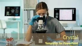  Presentation with test tube laboratory - Slide deck with busy-young-female-researcher background and a violet colored foreground