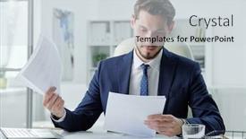  Presentation with business office desk - Presentation having busy-young-manager-in-formal background and a light gray colored foreground