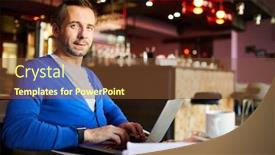  Presentation with busy work - Beautiful PPT theme featuring busy young manager with laptop sitting in cafe networking or organizing work backdrop and a tawny brown colored foreground
