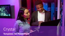  Presentation with network monitoring - Presentation design enhanced with busy-young-multi-ethnic-colleagues background and a violet colored foreground