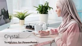  Presentation with hijab modern - PPT theme featuring busy-young-muslim-woman background and a coral colored foreground