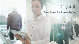  Presentation with using digital tablet - Presentation theme having busy-young-sales-consultant background and a sky blue colored foreground