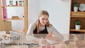  Presentation with scrolling - Audience pleasing presentation consisting of busy young woman with smartphone sitting by workplace in front of laptop and scrolling through new orders of clients backdrop and a coral colored foreground