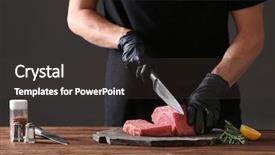  Presentation with butcher - Amazing PPT theme having butcher cutting pork meat backdrop and a dark gray colored foreground
