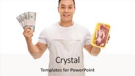  Presentation with butcher - Amazing slide deck having butcher holding a steak and stacks of money isolated on white background backdrop and a lemonade colored foreground