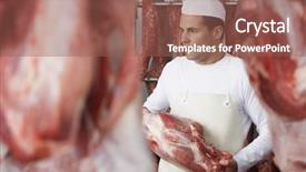  Presentation with butcher - Amazing PPT theme having futcher - butcher holding slab of meat backdrop and a violet colored foreground