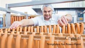  Presentation with butcher - Theme with butcher man making sausages ready to be smoked putting them on rack background and a coral colored foreground