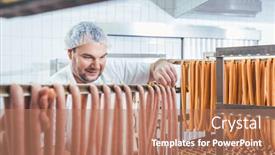  Presentation with butcher - Presentation theme featuring butcher man making sausages ready to be smoked putting them on rack background and a coral colored foreground