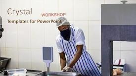  Presentation with butcher shop - Presentation theme with butcher-preparing-burgers-patty background and a sky blue colored foreground